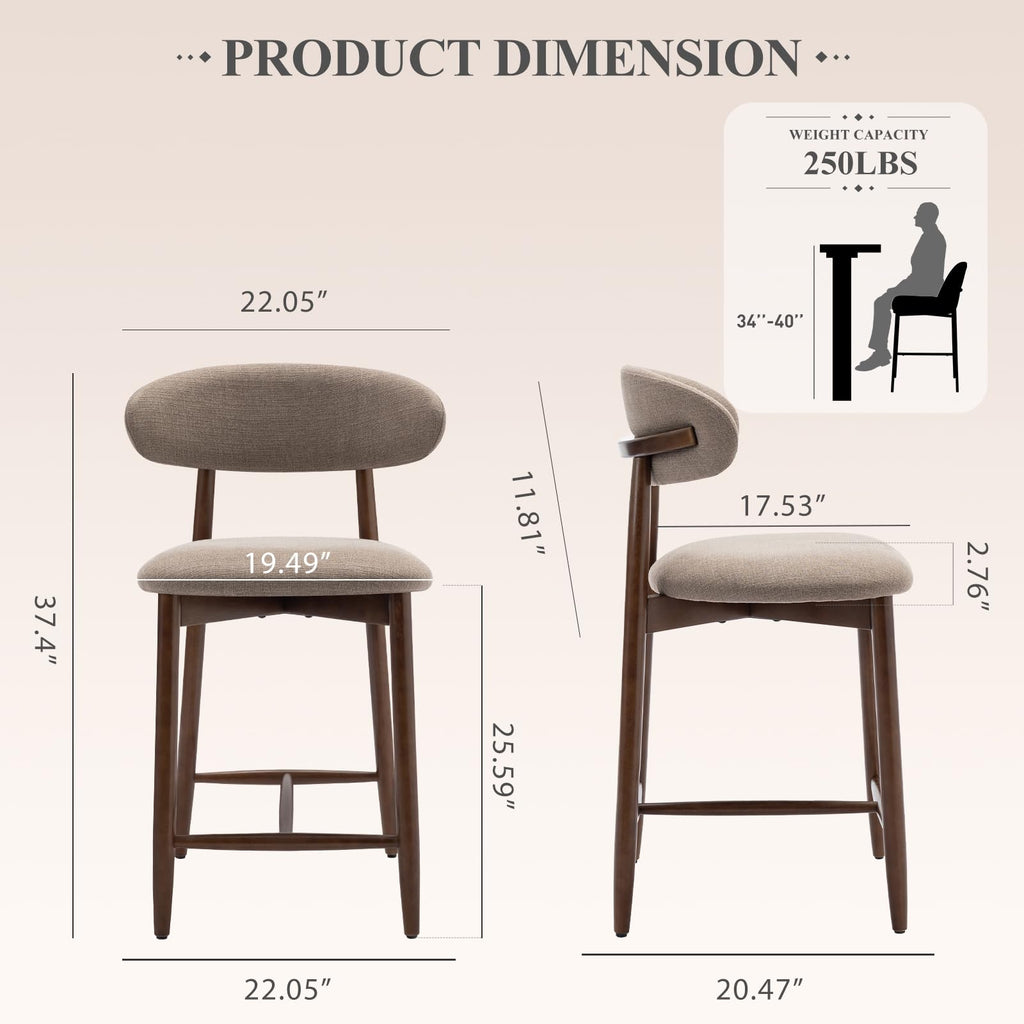 Bar Stools Set of 2, Counter Height BarStools with Back, Mid Century Modern Upholstered, with Wood Legs Island Dining