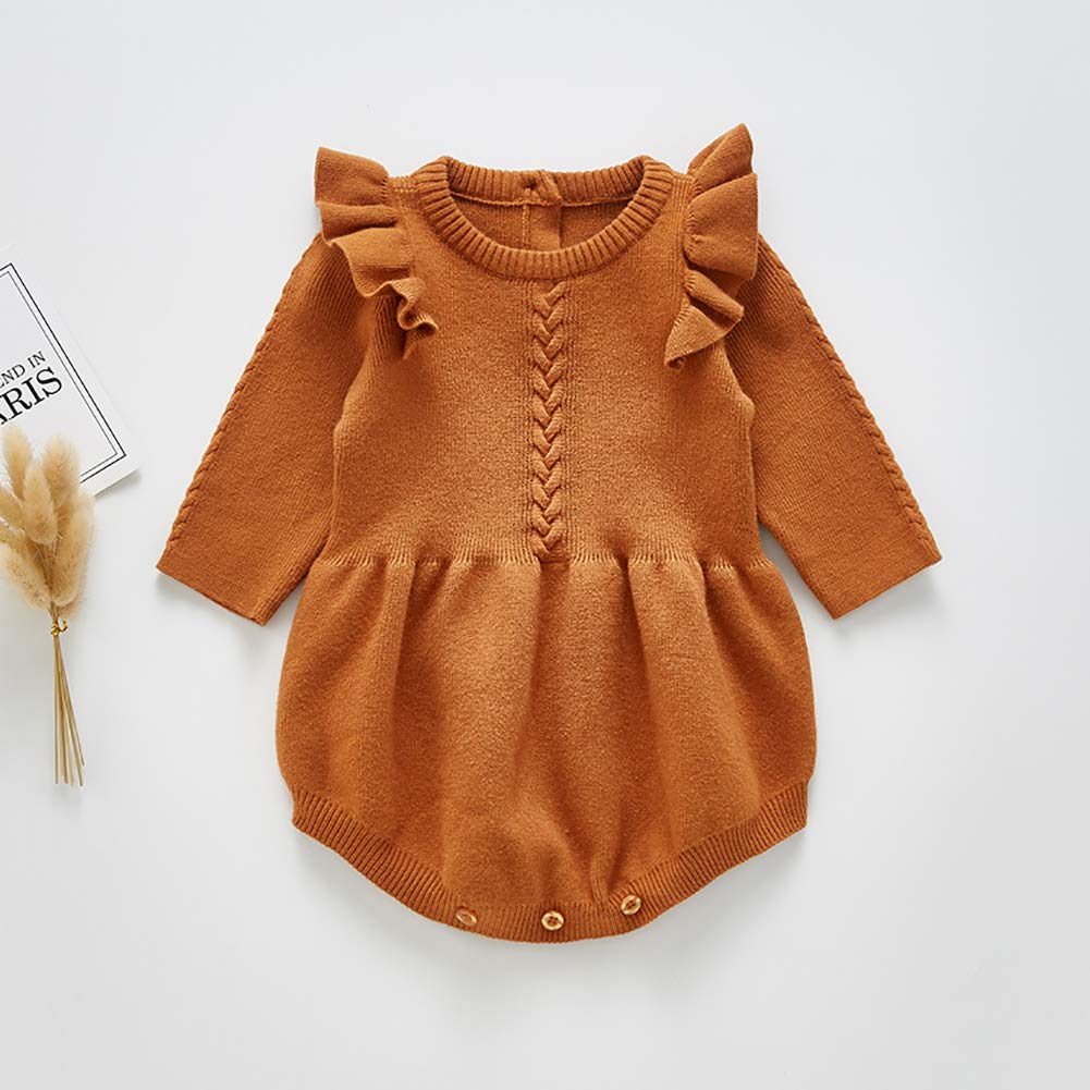 Baby Girl Knit Romper - Long Sleeve Brown-Ruffle - Toddler Sweater Jumpsuit for Christmas & Cake Smash