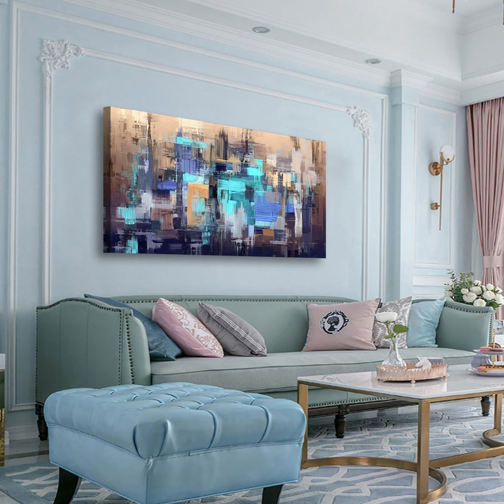 Abstract City Skyline Canvas Wall Art 40x20 Inches Framed Teal Blue Brown Cityscape Wall Decor Wood Frame Waterproof