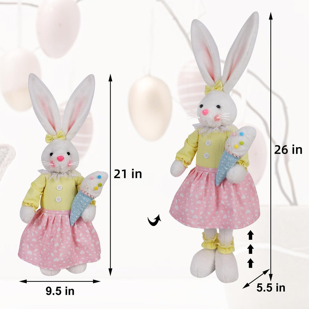 Easter Decorations Standing Bunny with Stretchable Legs, 21" to 26" White Rabbits Couple Figurine, Party Favor - Set of 2
