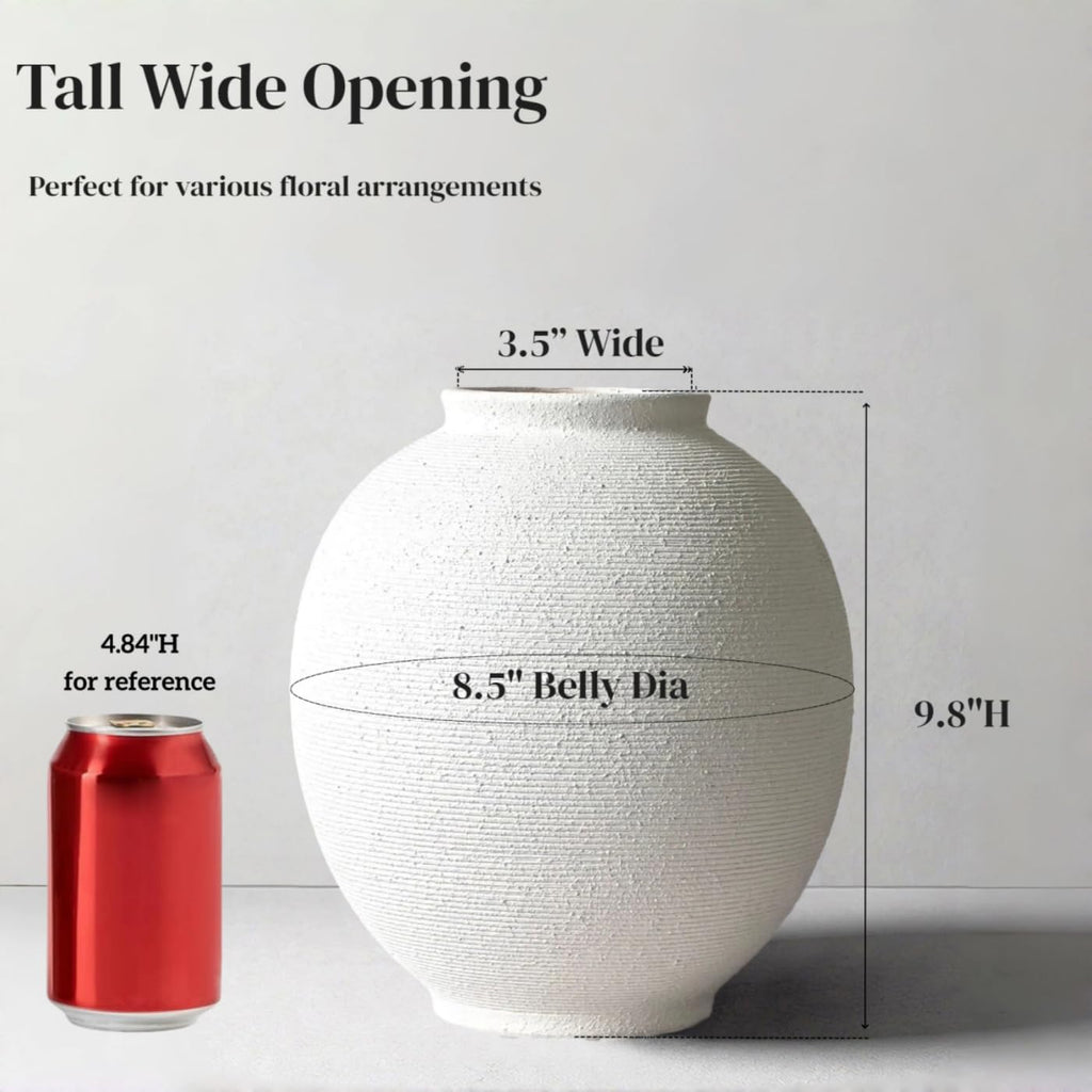 White Ceramic Vase, 9.8" Large, Round, Sandstone White | Farmhouse Style, Hand-Made Textured, Minimalist Design