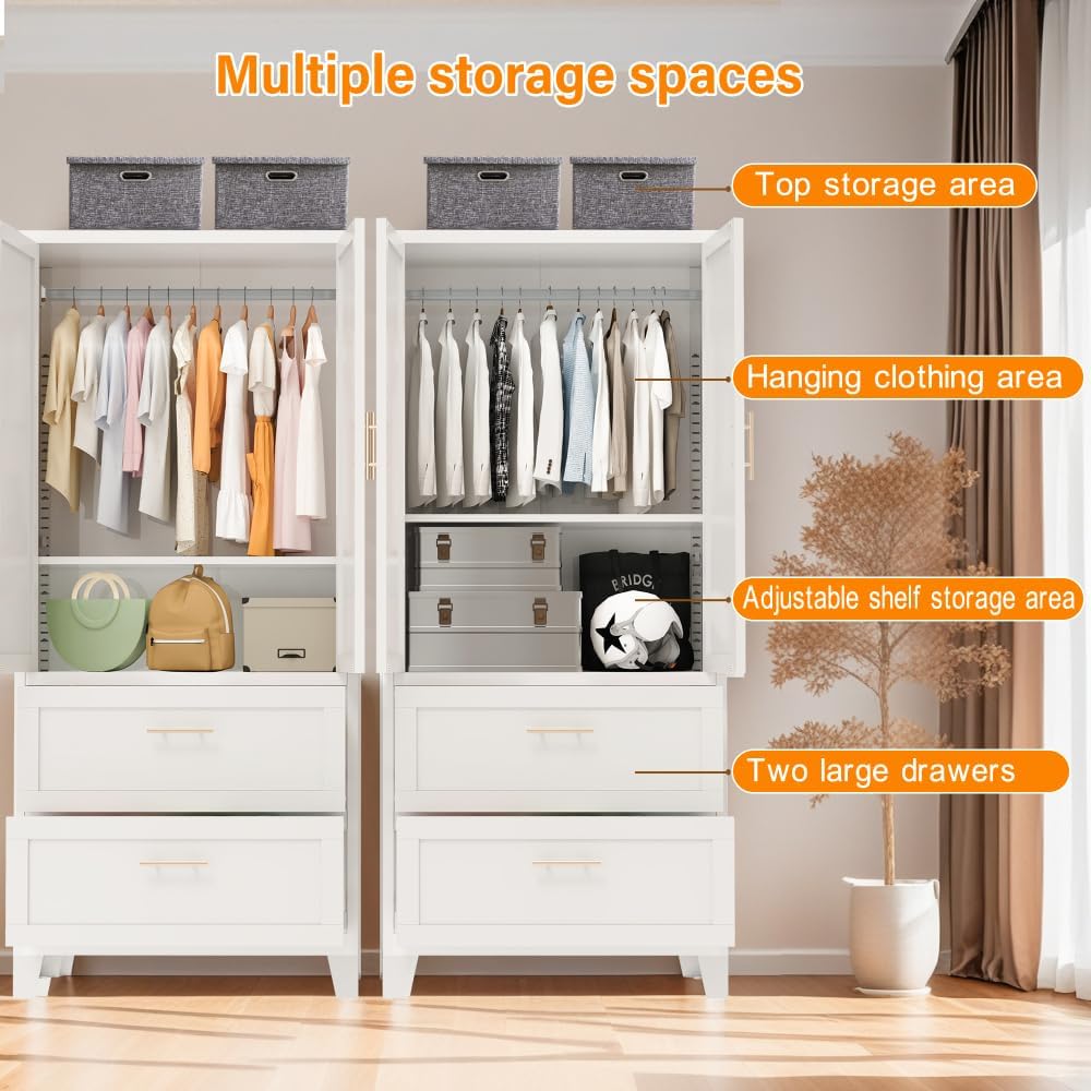 71" Tall Metal Wardrobe Cabinet with 2 Drawers and Hanging Rod, 2 Doors Wardrobe Closet with Shelf (White + Steel)
