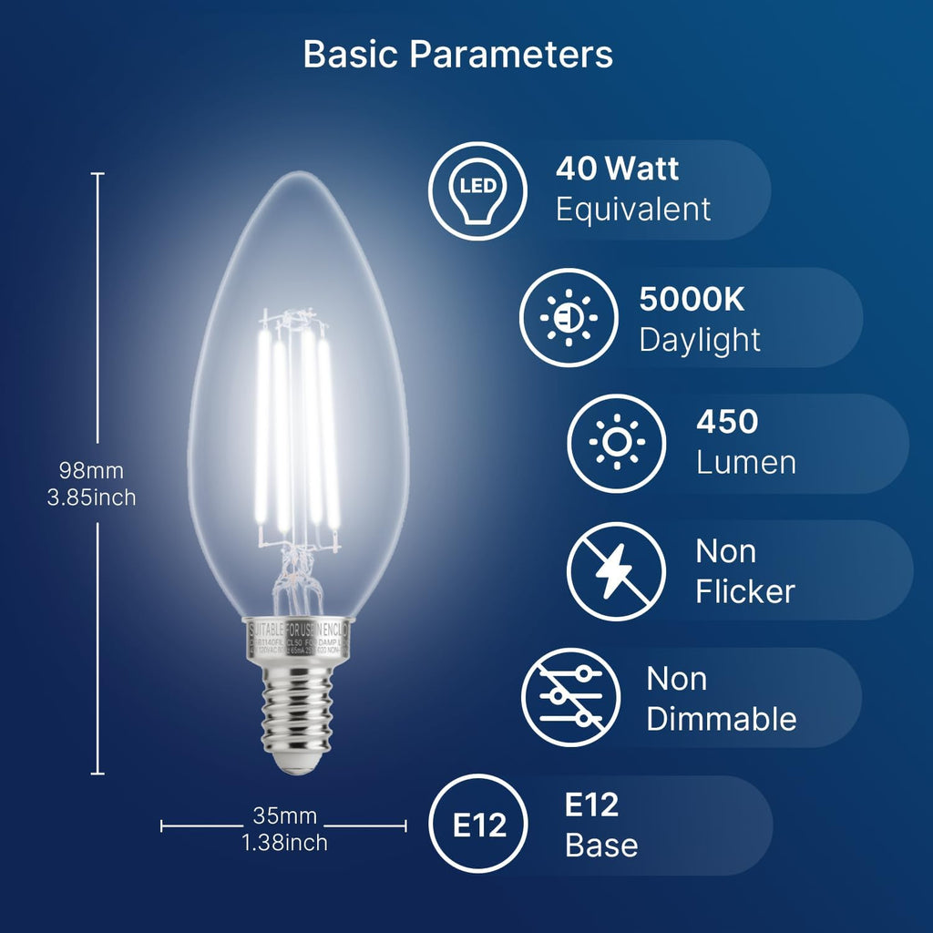 Dusk to Dawn Outdoor Sensor LED Edison Bulbs, 4W (40W Eqv.), 450LM, Clear B11 LED Candelabra Bulb E12 Base, Auto