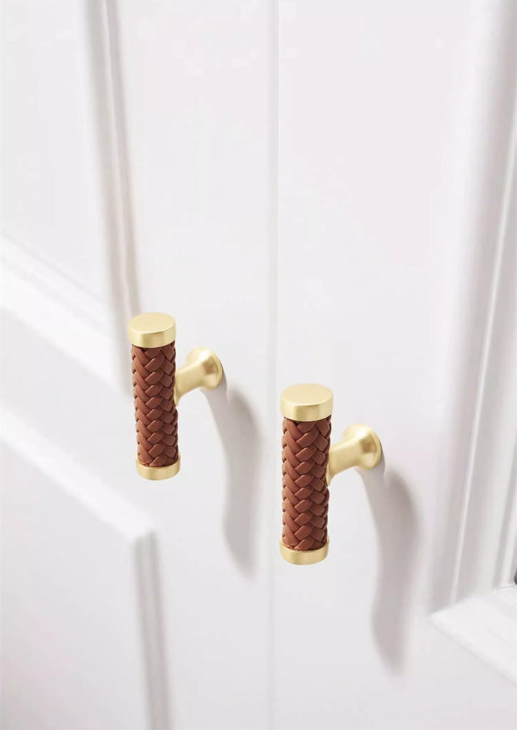 7.55" Black Braid Leather Drawer Pulls Handles Brushed Brass Cabinet Pulls Handles Unique Dresser Knob (Orange