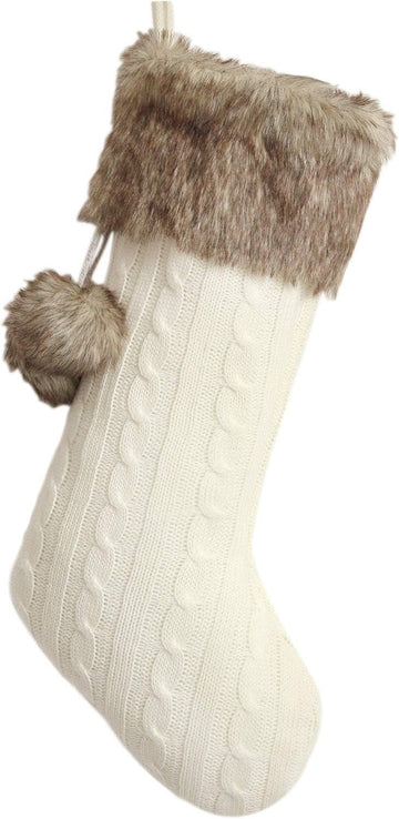 Ivory Cable Knitted Body, Faux Fur Cuff with Faux Fur Fluffy Pompom Ball Christmas Stocking, Xmas Tree Decoration