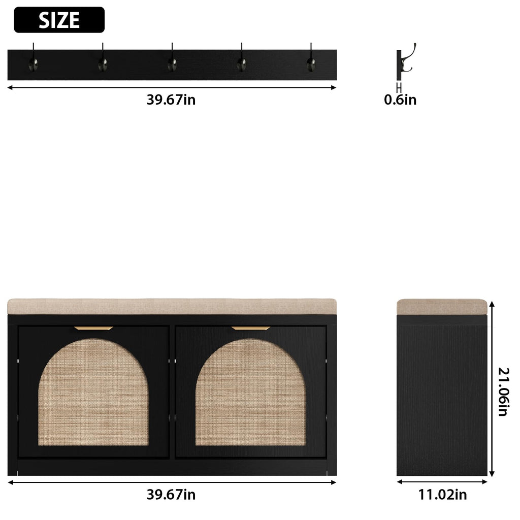 Rattan Narrow Entryway Bench with Shoe Storage, 2 Flip Drawers & Coat Rack, Mid-Century Modern Wood Shoe Cabinet with