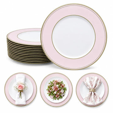 Modern Blush Pink Charger Plates Set of 12-13in Gold Beaded Rim Chargers for Dinner Plates- Heavy Duty Round Plastic