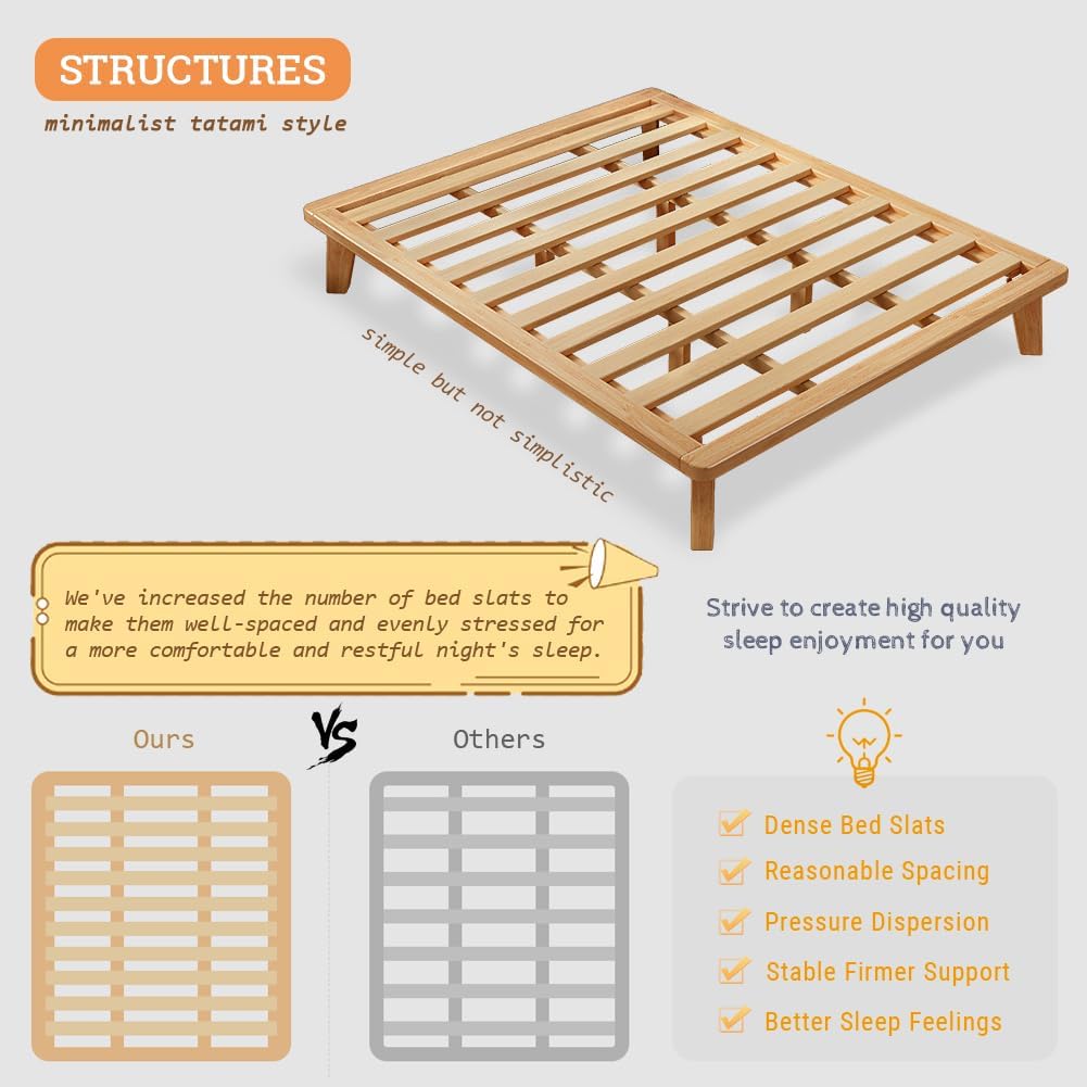 California-King Wood Platform Bed Frame, 14 Inch Bed Base, Oak