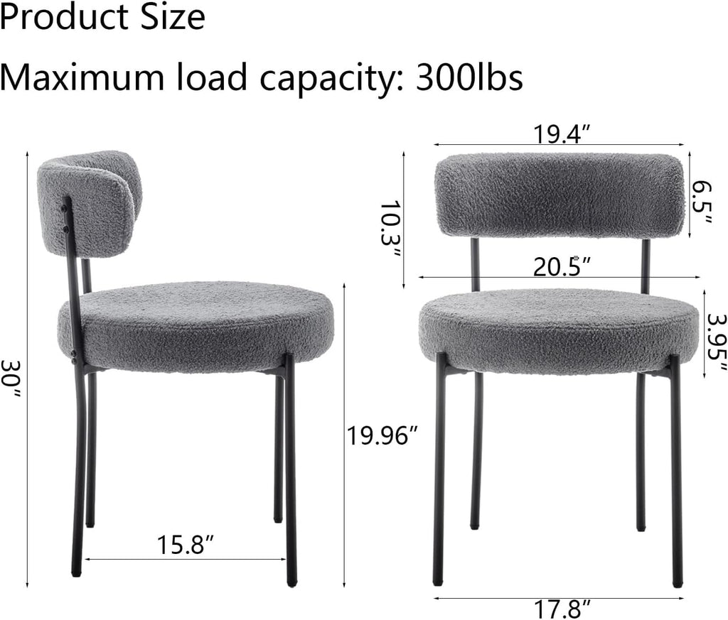 Grey Boucle Set of 2, Upholstered Dining Room Chairs with Black Metal Legs, Round Modern Dining Chair
