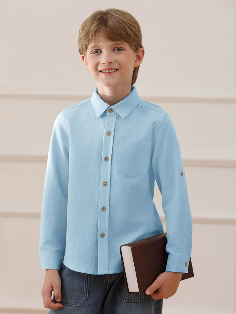 Boys Linen Button Down Dress Shirt Long Sleeve Tops