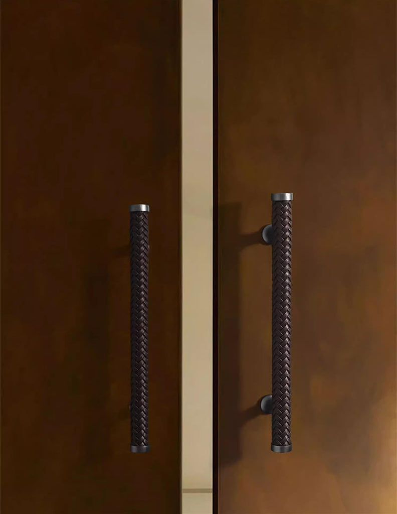 7.55" Black Braid Leather Drawer Pulls Handles Brushed Brass Cabinet Pulls Handles Unique Dresser Knob (Orange