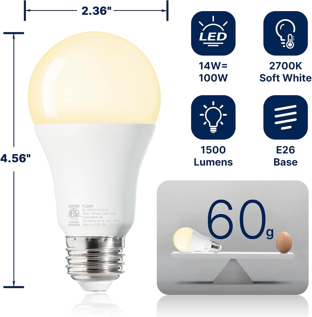 100W Equivalent A19 LED Light Bulbs, Efficient 14W, 1500Lumens, 2700K Soft White, CRI82, E26 Standard Base, 24 Pack