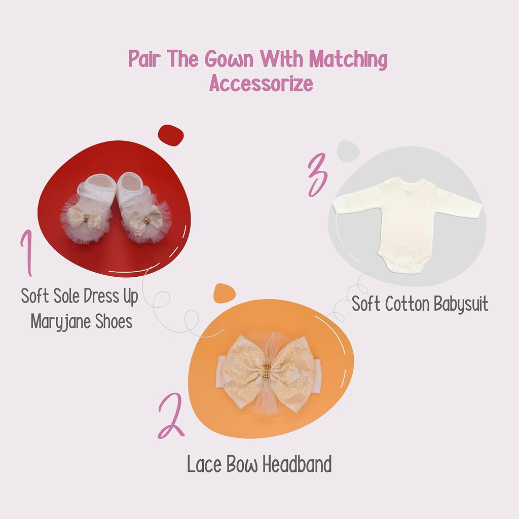 Newborn Baby Girl Lace Dress Set, 4 Pieces Outfit for Special Occasions (US, Age, 0 Months, Pink, Ivory, Pearl.)