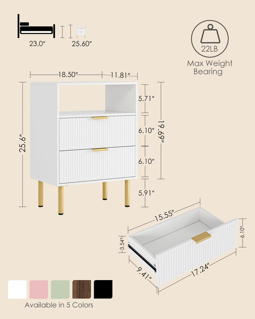 Night Stand, 25.7" H Bedside Table with 2-Drawer Shelf, Morden Nightstand with Gold Frame, Fluted Side Table with Gold