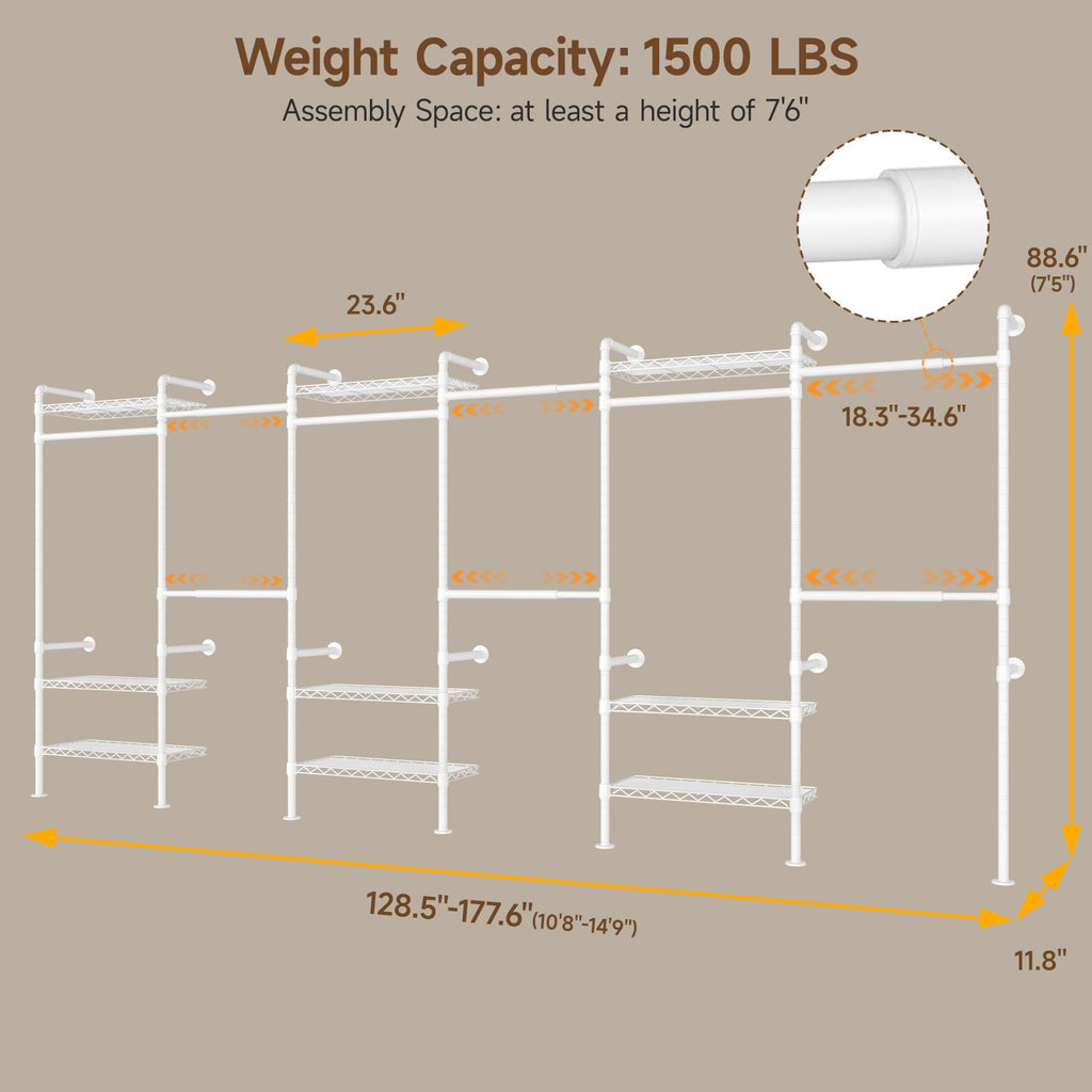 H6 Wall Mounted Closet System, Industrial Pipe Clothes Rack Clothing Racks with 6 Telescopic Rods & 3 Fixing Rods & 9
