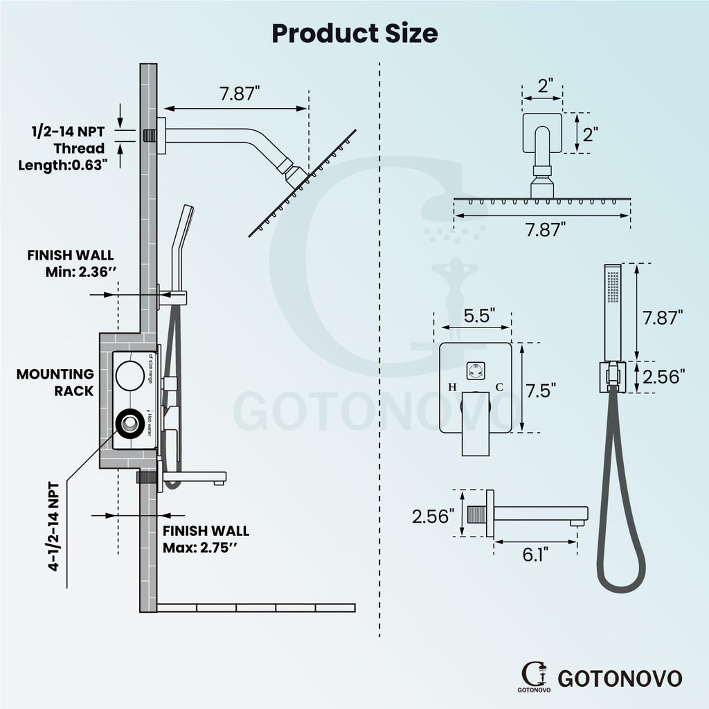 Bathtub Shower Faucet Set, 8 Inch Shower Head, Matte Black