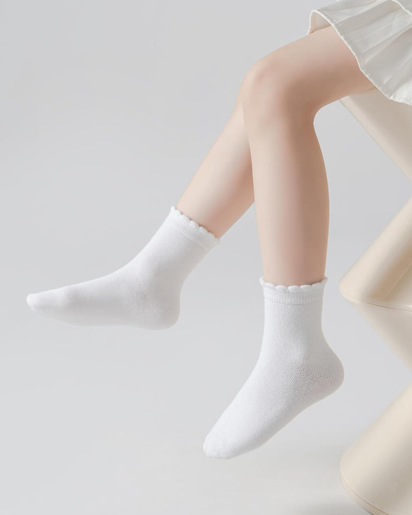 Girls Ruffle White School Uniform Socks Crew Scallop Dress Kid Sock