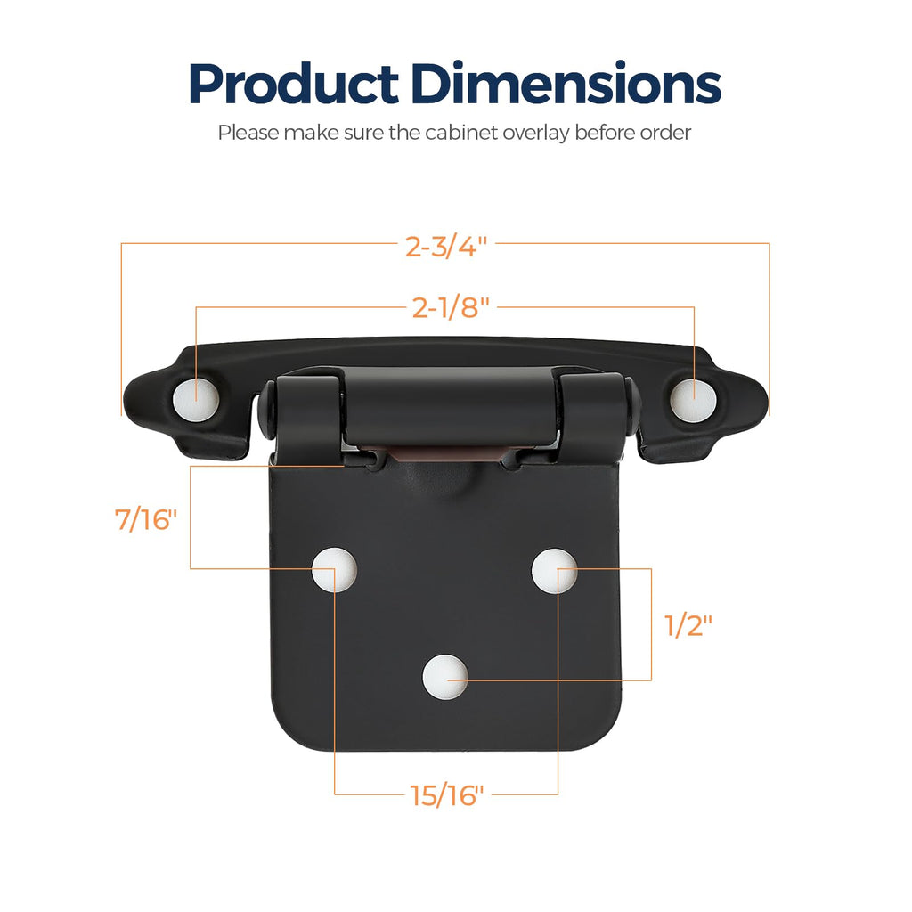Matte Black Cabinet Hinges, 1/2 Inch Overlay, 4 Pack (2 Pairs)