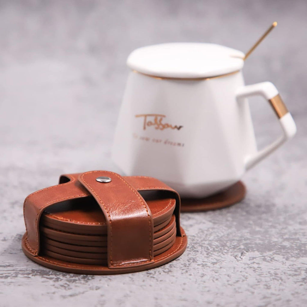 PU Leather Coaster with Holder, Durable and Non-Slip Coaster for Protection Tabletop, Wooden Table, Desk, Bar - Set of 8