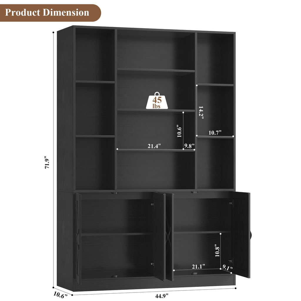 72" Tall Bookshelf, Large Farmhouse Bookcase with Storage, Black
