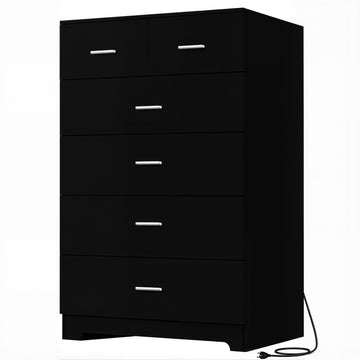 Tall Dresser Wooden 6 Drawer Dresser with Power Outlet Chest of Drawers with Large Organizer and Smooth Metal Rail
