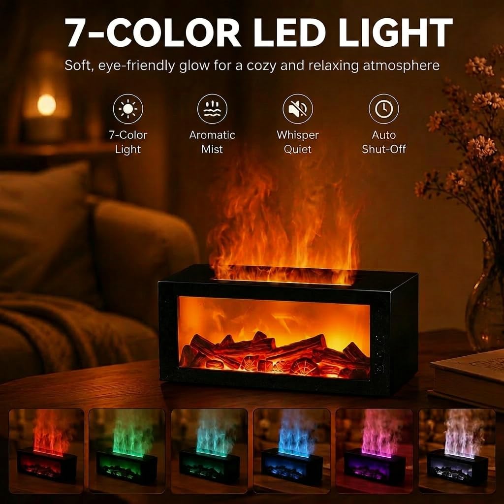 300ml Fireplace Flame Aromatherapy Diffuser Remote Timer 7 Color LED