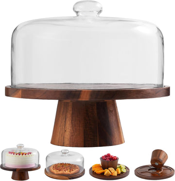 Acacia Wood Cake Stand with Glass Lid-12" Magnetic Base for Parties&Kitchen