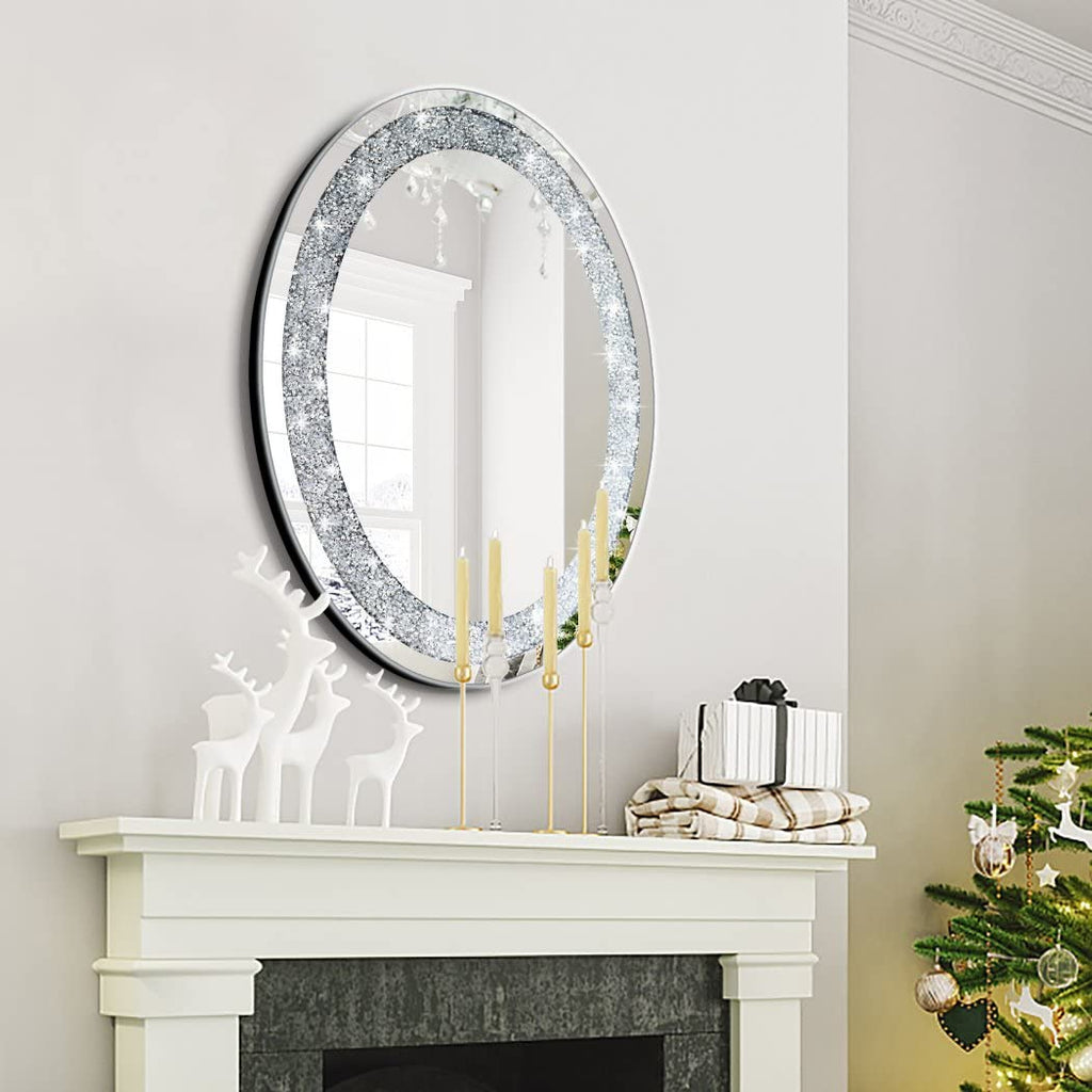 Crystal Crushed Diamond Oval Shaped Glam Bling Silver Mirror for Wall Decoration 16x20x0.9 inch Wall Hang Frameless
