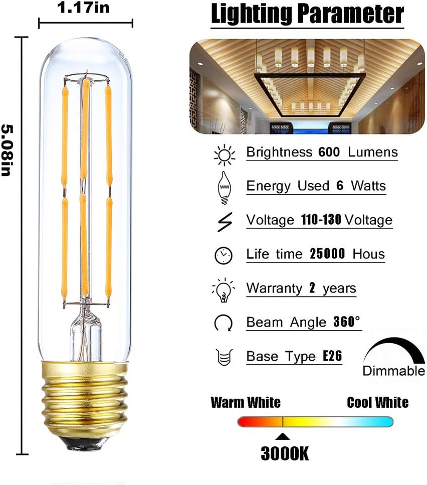 Dimmable T10 Edison Led Tubular Bulb 3000K Soft White E26 Vintage Led