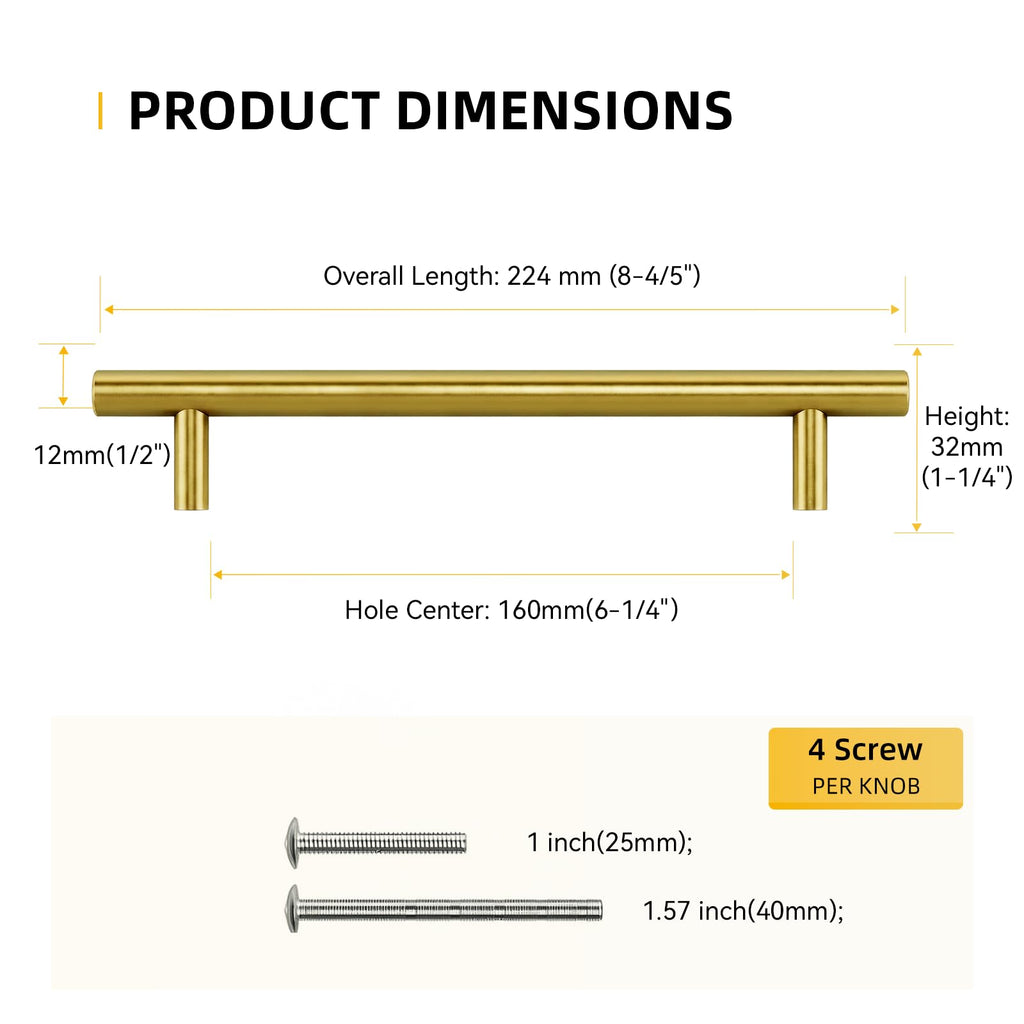 10pack Brushed Brass Cabinet Handles Gold Drawer Pulls - Kitchen Cabinet Hardware for Drawer Dresser, 6-1/4"(160mm)