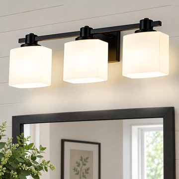 23 Inch Black Bathroom Light Fixtures over Mirror 3 Light Matte Black Vanity Light Milk Glass Makeup Shower Lamp