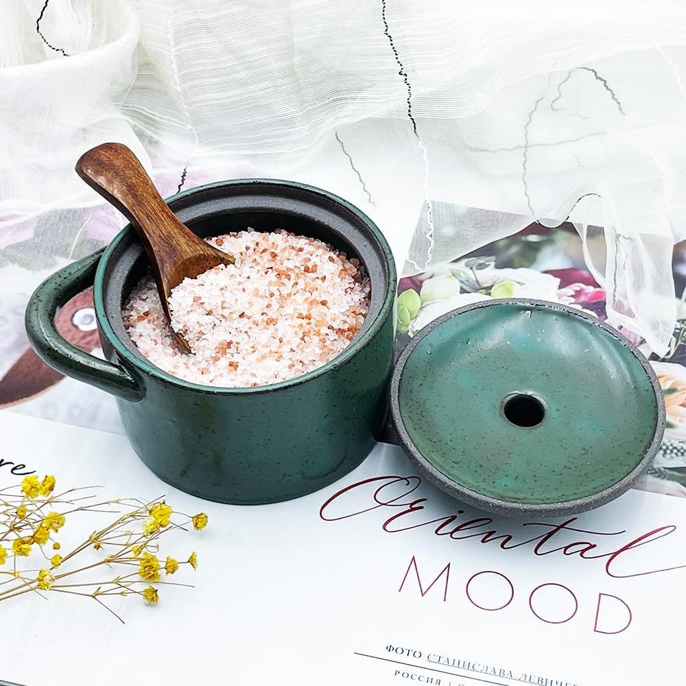 8 oz Ceramic Salt Cellar with Lid & Wooden Spoon,Countertop Salt Container,Sugar Bowl,Spices Jar| Artisan Kitchen