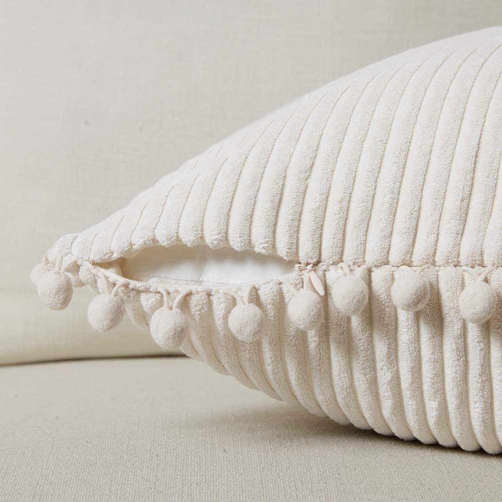Pack of 2 Boho Rectangle Decorative Throw Pillow Covers with Pom-poms, Soft Corduroy Accent Solid Cushion Case Set