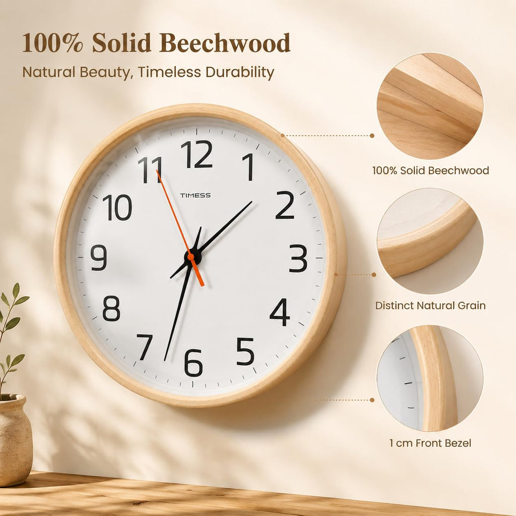 12 Inch Solid Wood Wall Clock Non-Ticking - Minimalist Beechwood Clocks Battery Operated with Accurate Quartz Sweep
