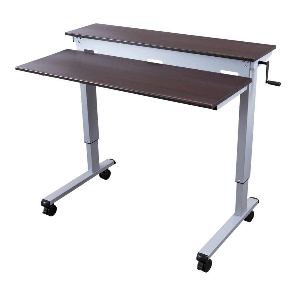 Crank Adjustable Tier Standing Desk with Heavy Duty Steel Frame (Silver Frame/Dark Walnut Top, 48in Wide)