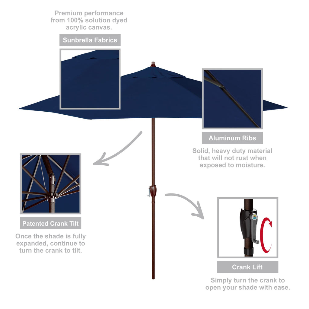 Umbrella 9' Rd Sunbrella Aluminum Patio Umbrella, Crank Lift, Auto Tilt, Bronze Pole, True Blue Fabric