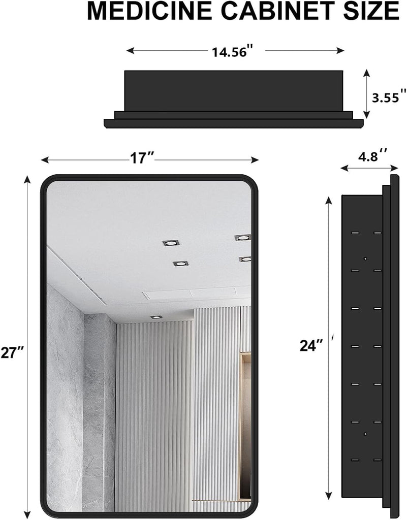 17 x 27 Recessed Medicine Cabinet with Mirror, Surface Mount Black Medicine Cabinet , Stepless Adjustable Shelves