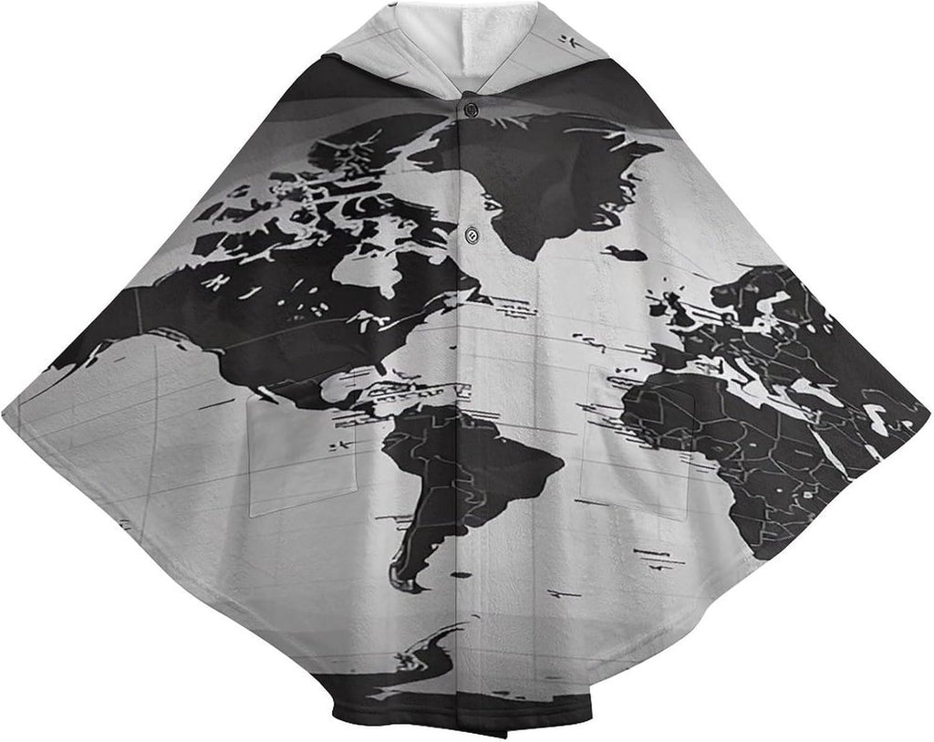 Black And White World Map Wearable Blanket Hoodie Flannel Hooded Blanket | Sweatshirt Oversized Cozy Sweater Gift