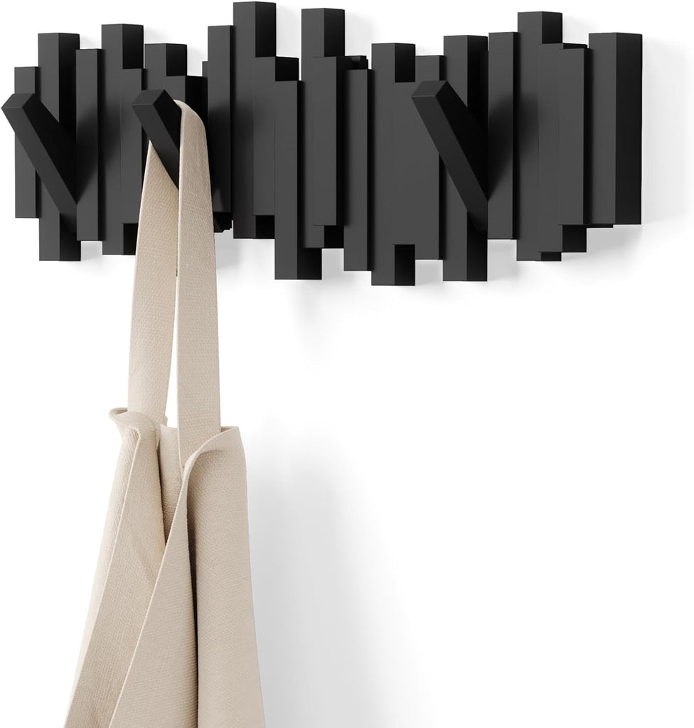 Sticks Wall-Mounted Coat Rack Rail Hook with 5 Retractable Pegs - Modern, Space-Saving Storage Organizer, Black