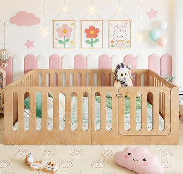 Floor Bed with Door for Kids, Floor Bed with High Fence, Wooden Montessori Beds for Kids, Natural no