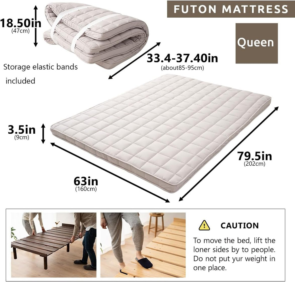 Japanese Futon Mattress & Wood Slatted Bed Set Machi-(Earth-Natural), Solid Pine 3-Heights Adjustable