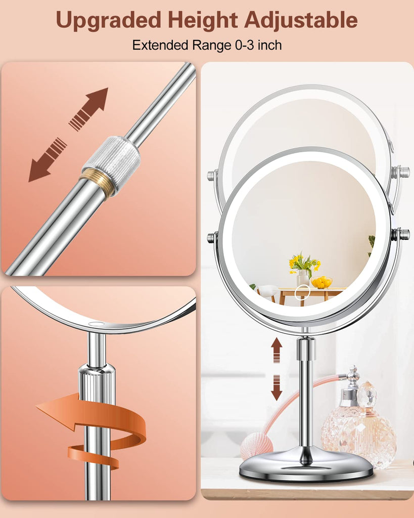 7" Lighted Makeup Mirror with Magnification 10X, Height Adjustable,3 Lights