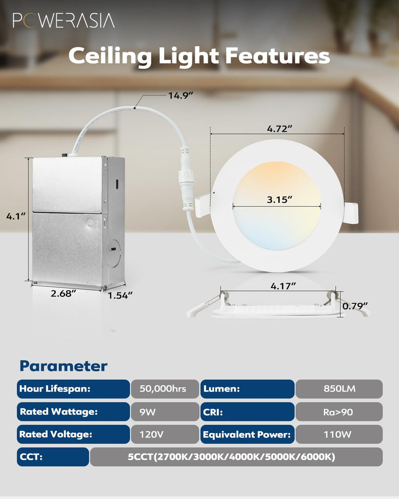 12 Pack 4 Inch LED Recessed Lighting, 5CCT Canless Wafer, White