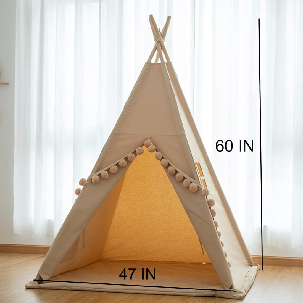 Teepee for Kids Tent Indoor with Floor Mat,Carry Bag,Banner,Play Cottage with Star Light, Cotton Canvas Kids Teepee
