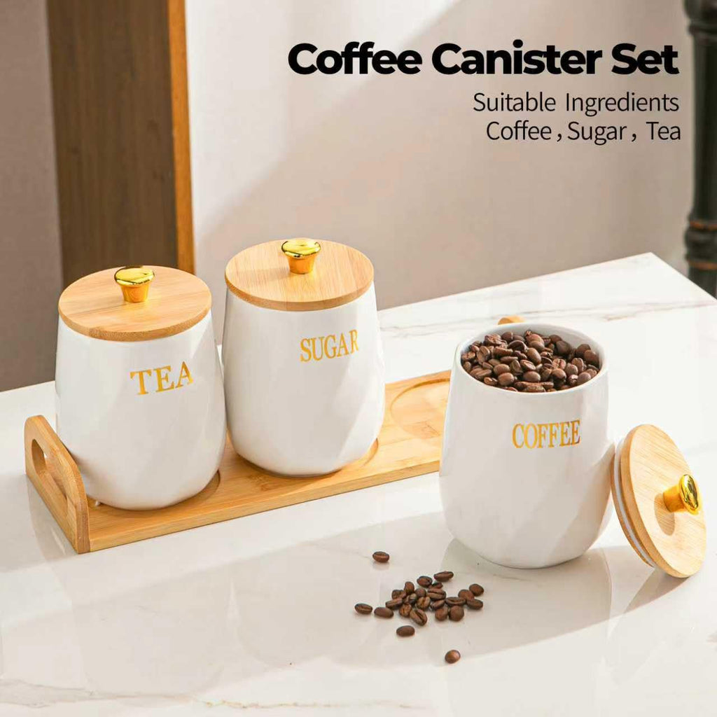 Ceramic Canister Set of 3 for Sugar Coffee Tea with Tray, White Airtight Food Storage Jars with Wood Lids, Kitchen