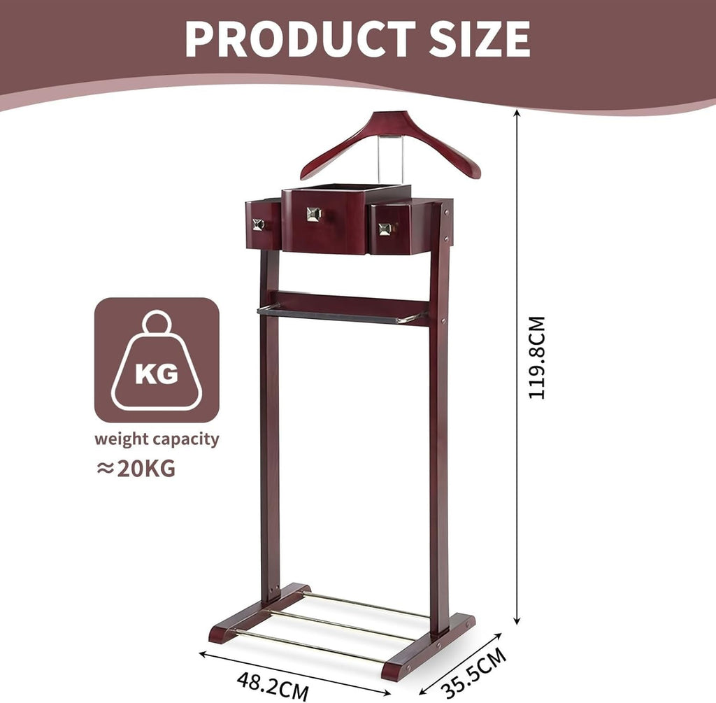 Suit Valet Stands with Hanger, Pant Hanger and Metal Shoe Rack Wood Modern Standing Hanger with Storage Organizer