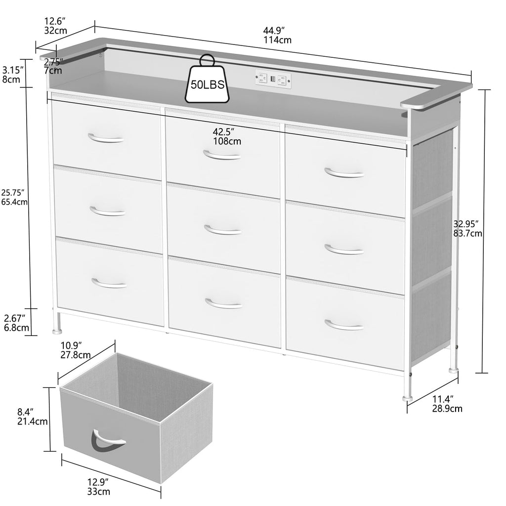 White with LED Light 9 Drawer Dressers with Charging Station Chests of Drawers Closet Living Room Hallway Sturdy