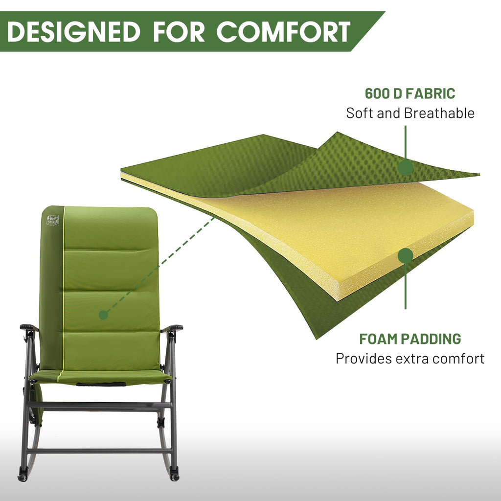 Oversized Folding Rocking Camping Chair, Padded Outdoor Rocker with High Back, Portable Outdoor Chair, Garden, Lawn