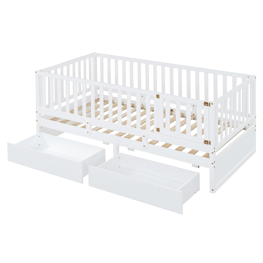 Solid Wood Twin Size Daybed with Storage Drawers and Safety Guardrail, White
