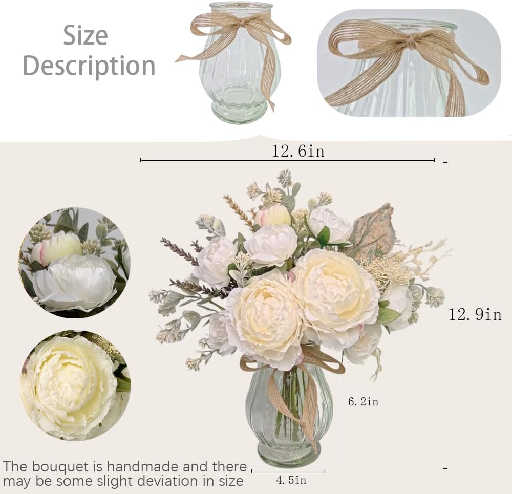 Faux Peonies White Artificial Flowers with Vase, 12.9''